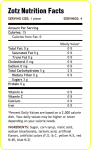Nutritional Information for Zotz Candy